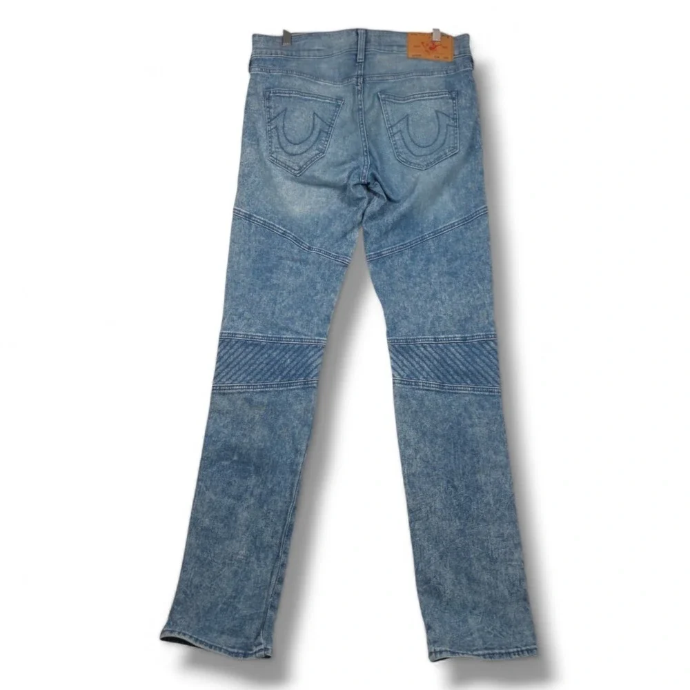 True Religion Geno Relaxed Slim Moto Biker Jeans Mens 31‎ Acid Wash Stretch Blue